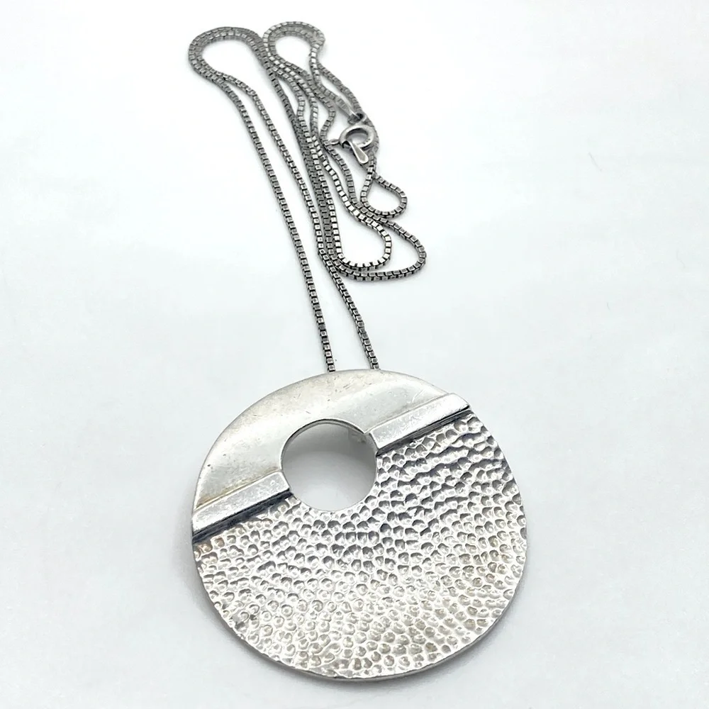 Vtg 925 Sterling Modernist Circle Pendant & Boxlink Chain 21” & 1.5” / 19.5g - Picture 1 of 10